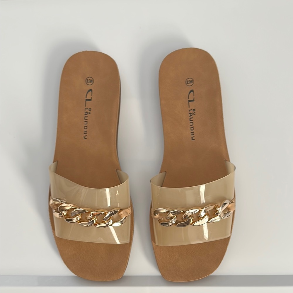 Chinese Laundry Tan and Gold Sandals with Chain Detail